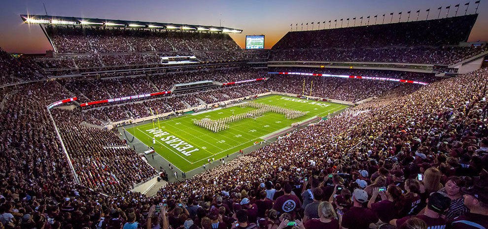 Kyle Field filled with fans during a nighttime Texas A&M football event